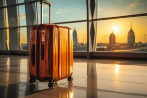 Suitcase in a airport in front of the windows . AI Generated photo