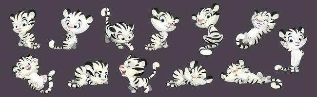 Cute white tiger baby cartoon vector character set