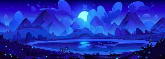 Night mountain landscape with valley lake vector