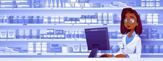 Black pharmacist shop counter in drugstore vector