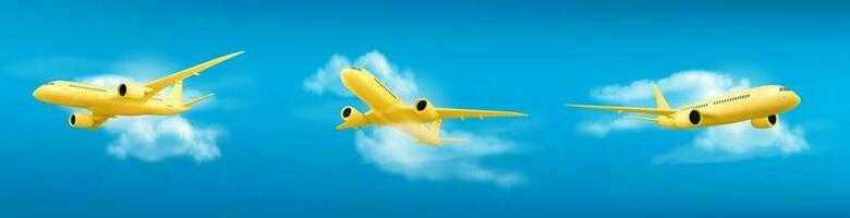 3d yellow airplane flying on blue sky landscape vector