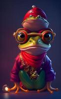 Anthropomorphic cute and adorable charming smiling pirate frog wearing glasses. . photo