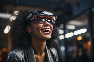 portrait of smiling woman wearing Virtual Reality glasses, blurred office background. AI Generated photo