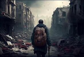 A refugee and displaced by war or a natural disaster walking through the streets of a destroyed city. . photo