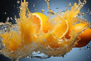 close up of sliced orange juice splash in air. photo