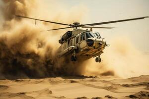 the helicopter flying in the air is covered in sand. photo