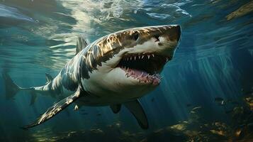 un gigantesco genial blanco tiburón en cristal claro agua con cáustico reflexiones.. ai generado foto