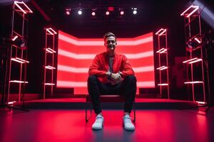 influencer at youtube live, crypto concept, light, minimalistic. photo