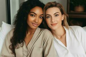 Positive multiracial women in lingerie looking at camera. AI Generated photo