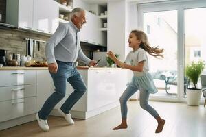 contento abuelo y nieta bailando a música. ai generado foto