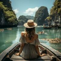 Traveler woman in summer dress relaxing on wooden boat. AI Generated photo