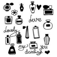 set of doodle elements of perfumery perfumes, bottles. vector