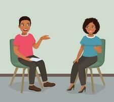 Young African woman having psychotherapy counseling session with male psychotherapist in the office vector