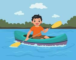 linda pequeño chico kayak en el río vector