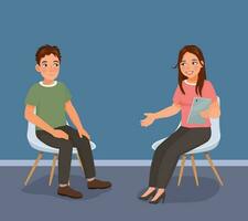 Young man having psychotherapy counseling session with female psychotherapist in the office vector