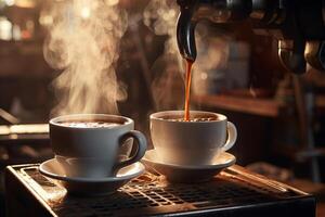 Two coffee cups being poured by espresso machine. photo