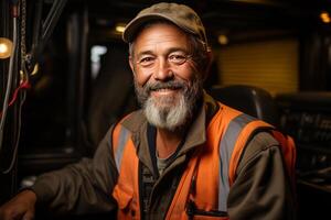 portrait a happy male smiling truck driver container. AI Generated photo