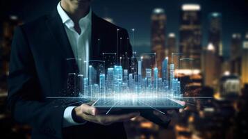 Businessperson holding tablet with city icons on it, in the style of planar art, nightscapes, night photography. photo