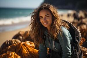 retrato cerca arriba sonriente mezclado carrera voluntario mujer coleccionar basura en el playa, azul Oceano y cielo antecedentes. ai generado foto