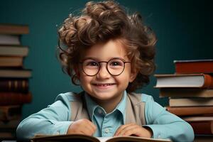 portrait of a happy child little boy with glasses sitting on a stack of books and reading a books. photo