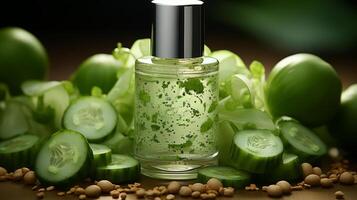 some cucumber skin care products on a green background.. photo
