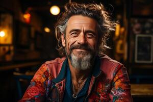 smiling old tattooed fashion man with bold hair smoking a cigarette. photo