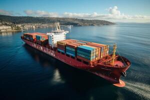 Aerial panorama of a cargo ship carrying container on blue ocean. photo