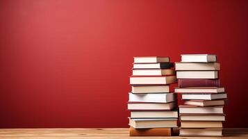 Books and notebooks in row with opened notebook on top and copy space on red background. photo