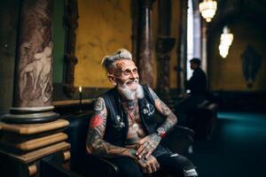 smiling old tattooed fashion man with bold hair smoking a cigarette in a church. AI Generated photo