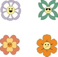 Groovy flower retro. Funny happy daisy with eyes and smile. Isolated vector illustration. Hippie 60s, 70s style.Vector pro