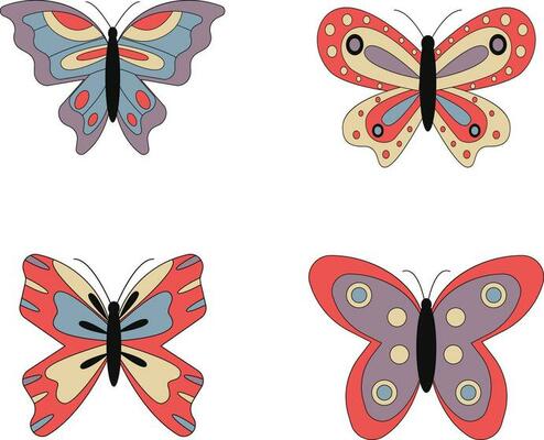 Retro Butterfly. Hippie 60s 70s elements. Floral romantic sign and symbols in trendy cute retro style.Vector illustration