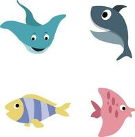 Cute Sea Animals. For design decoration.Inhabitants of the sea world, cute, funny underwater creatures dolphin, shark, ocean crabs, sea turtle, shrimp. Flat cartoon illustration vector