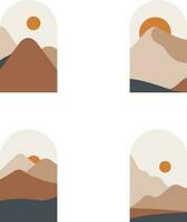 Boho Mountain Landscape. Modern boho backdrop set with sun moon mountains, minimalist wall decor.Vector pro vector
