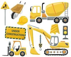 Set of construction elements with construction vehicles vector