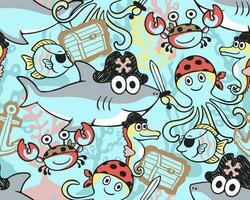 Seamless pattern of cartoon pirate elements with funny marine animals vector