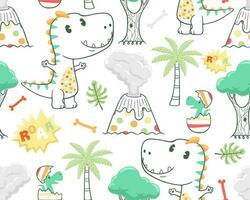 seamless pattern vector of cartoon dinosaur with prehistoric elements