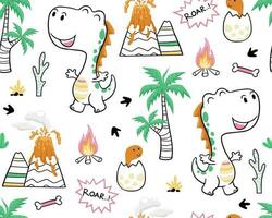 seamless pattern vector of cartoon dinosaur with prehistoric elements