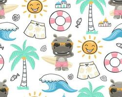 Seamless pattern vector of beach summer holiday elements with cute hippo