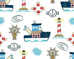 seamless pattern vector of funny boat cartoon with sailing elements