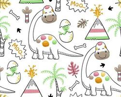 seamless pattern vector of cartoon dinosaur with prehistoric elements