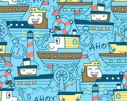 Seamless pattern vector of funny boat cartoon with sailing elements