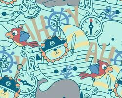 seamless pattern vector of cartoon pirate elements, cute lion on sailboat with parrot and whale