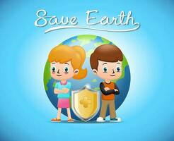 Cartoon of kids standing with shield protecting earth vector