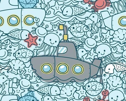 seamless pattern vector of cartoon submarine with marine animals