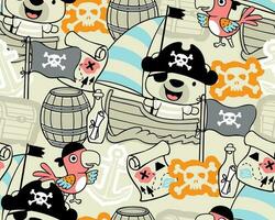 Seamless pattern of cartoon pirate elements with funny bear and parrot vector