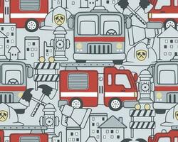 Seamless pattern vector of fire engine elements cartoon with buildings