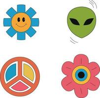 Groovy Retro Sticker. Funny cartoon flower, rainbow, peace, Love, heart, daisy, mushroom etc. Isolated vector illustration.