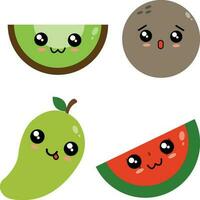 linda fruta, contento linda conjunto de sonriente Fruta caras. vector conjunto de plano dibujos animados ilustración iconos.para diseño decoración ilustración