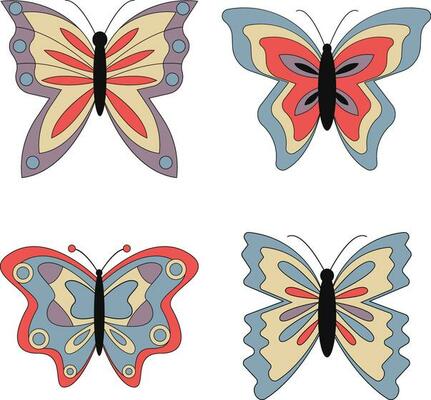 Retro Butterfly. Hippie 60s 70s elements. Floral romantic sign and symbols in trendy cute retro style.Vector illustration
