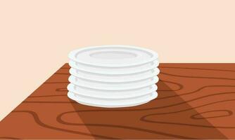 Whie ceramic plate stack vector isolated on wood table. Pile of white plate flat vector in cartoon style. Clean dishes clipart. Crockery set.